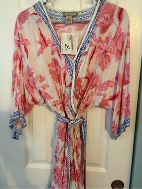 Flying Tomato Pink & Coral Floral Romper with Blue Trim and Belt
